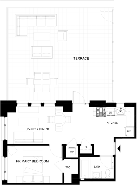 Floor plan for 1 bed, 1 bath, 528 sqft